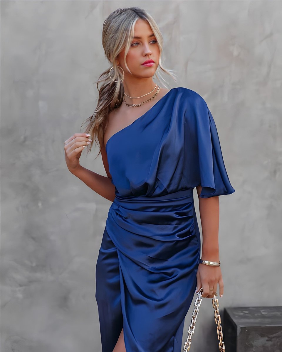 Women's One-Shoulder Ruched Satin Midi Formal Dress