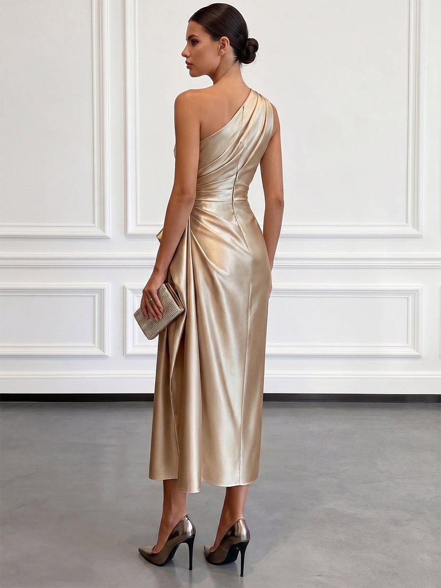 Women's One-Shoulder Ruched Satin Midi Formal Dress