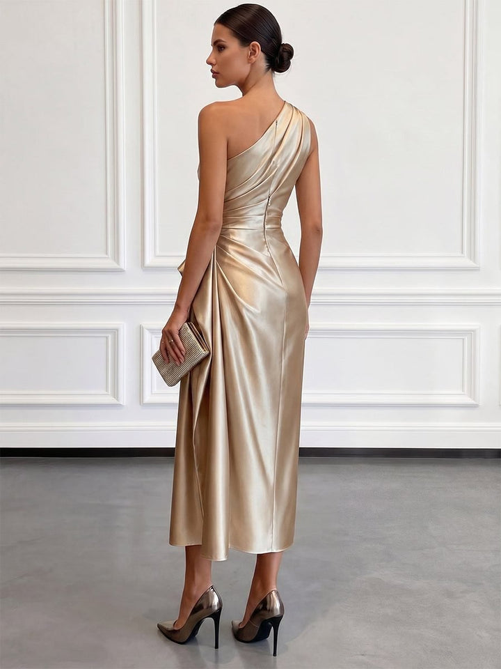 Women's One-Shoulder Ruched Satin Midi Formal Dress