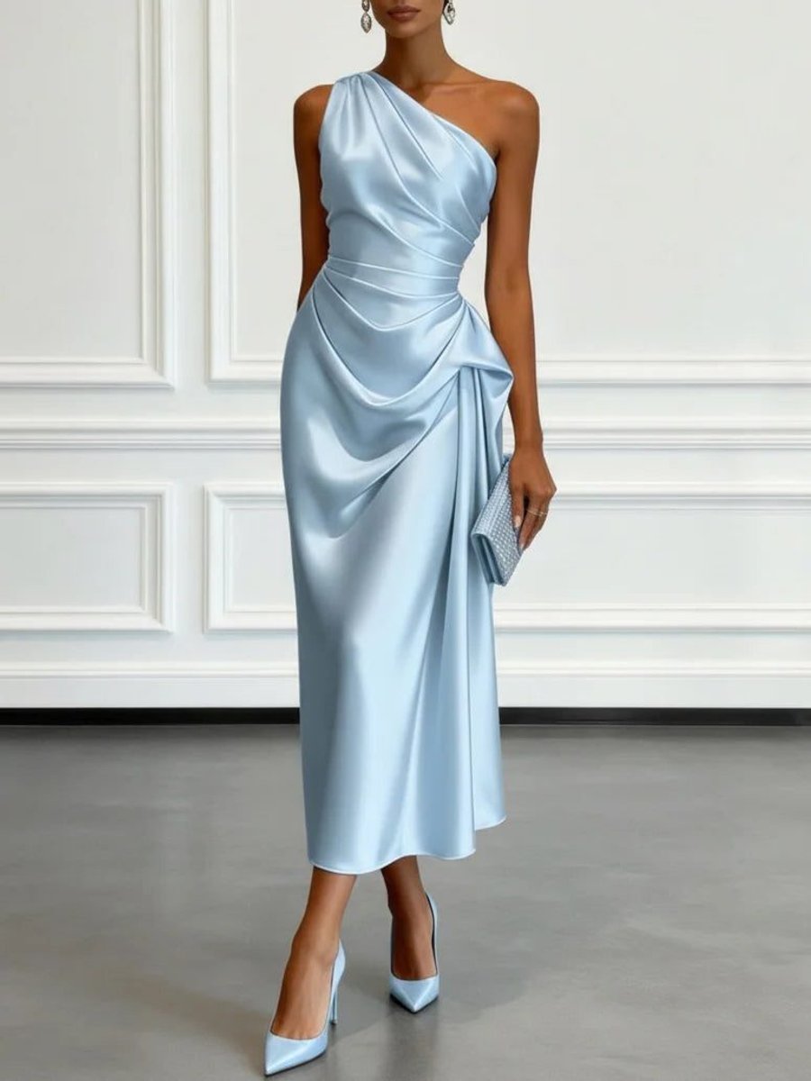 Women's One-Shoulder Ruched Satin Midi Formal Dress