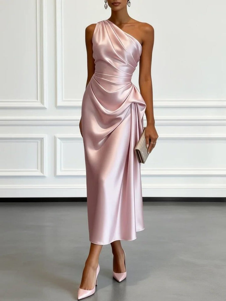 Women's One-Shoulder Ruched Satin Midi Formal Dress