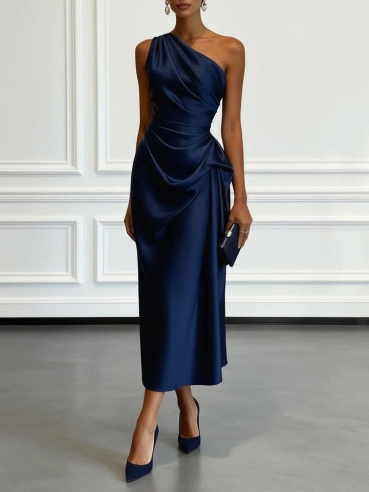 Women's One-Shoulder Ruched Satin Midi Formal Dress