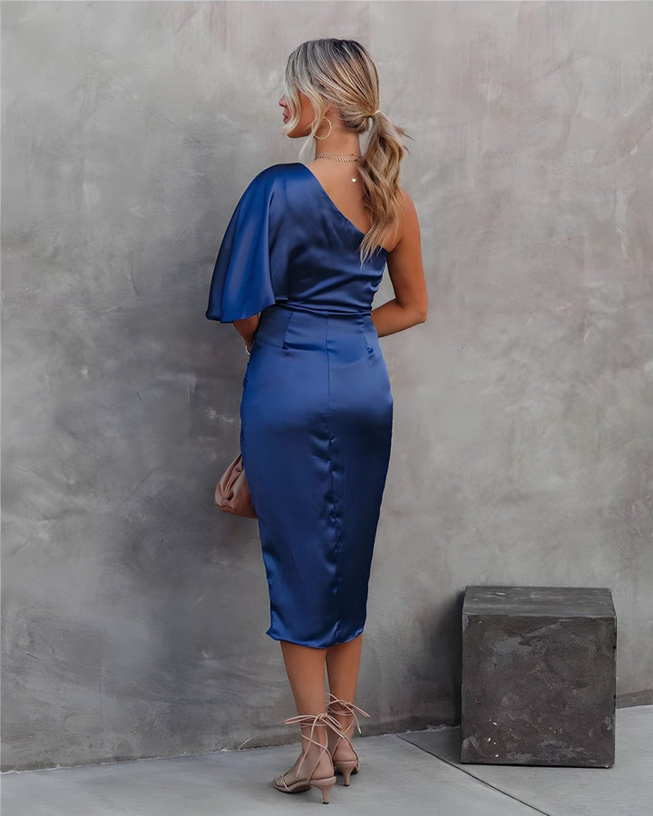 Women's One-Shoulder Ruched Satin Midi Formal Dress