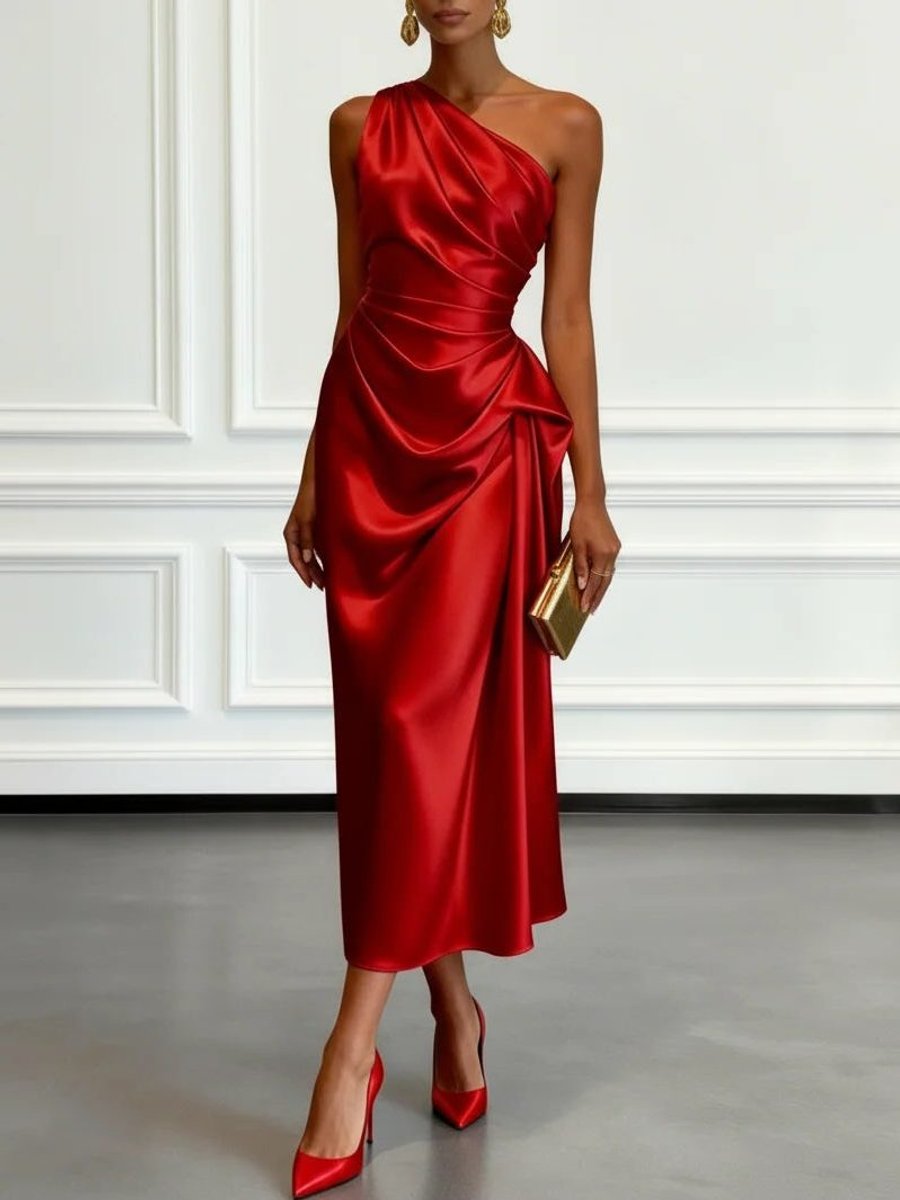 Women's One-Shoulder Ruched Satin Midi Formal Dress