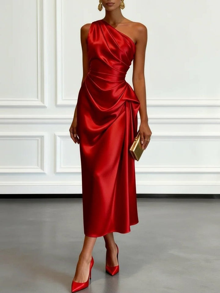 Women's One-Shoulder Ruched Satin Midi Formal Dress