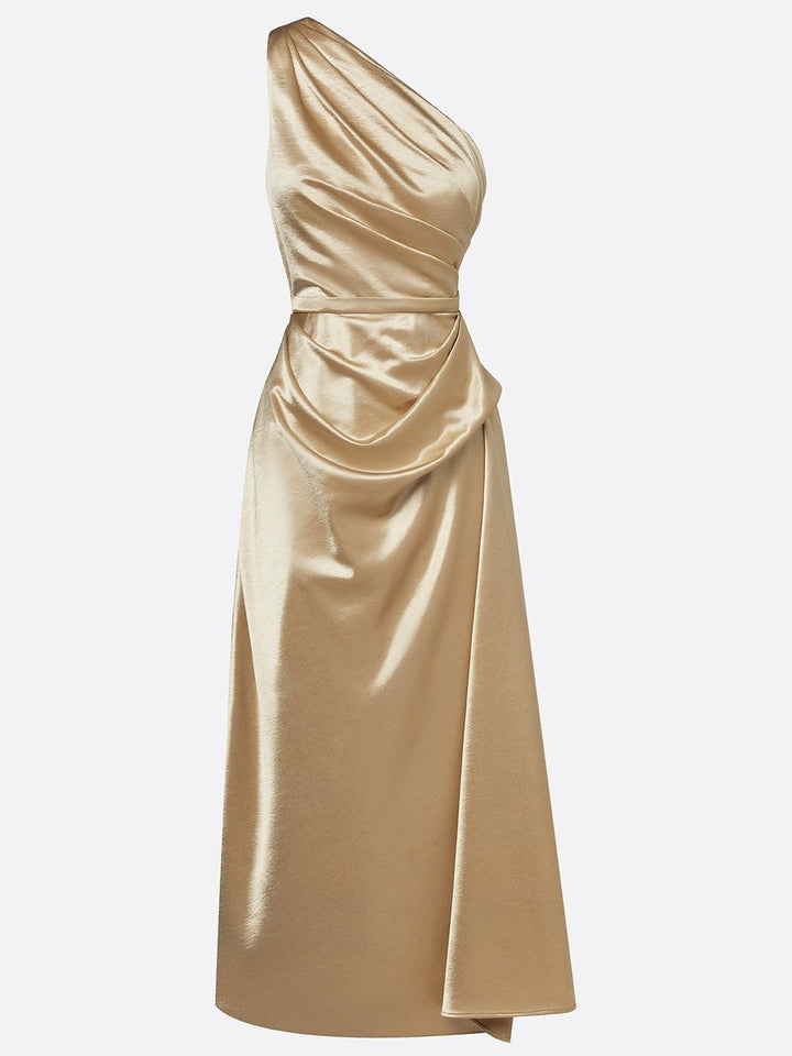 Women's One-Shoulder Ruched Satin Midi Formal Dress