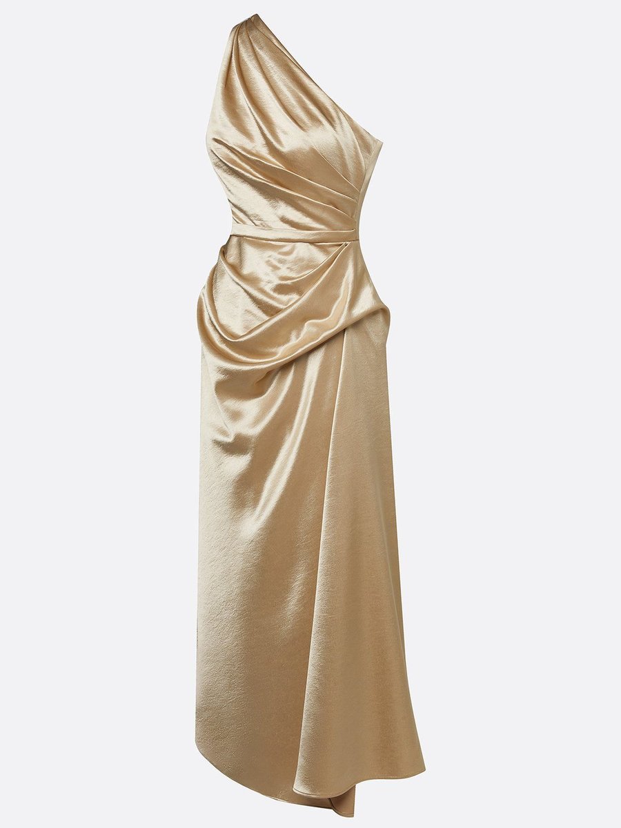 Women's One-Shoulder Ruched Satin Midi Formal Dress