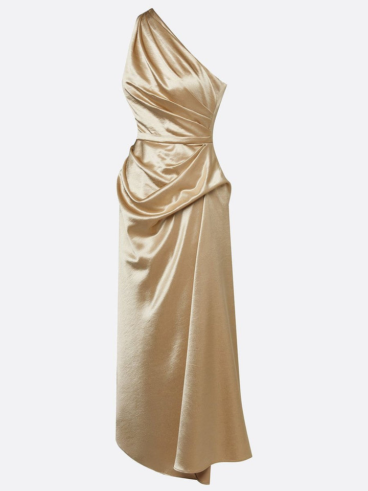 Women's One-Shoulder Ruched Satin Midi Formal Dress