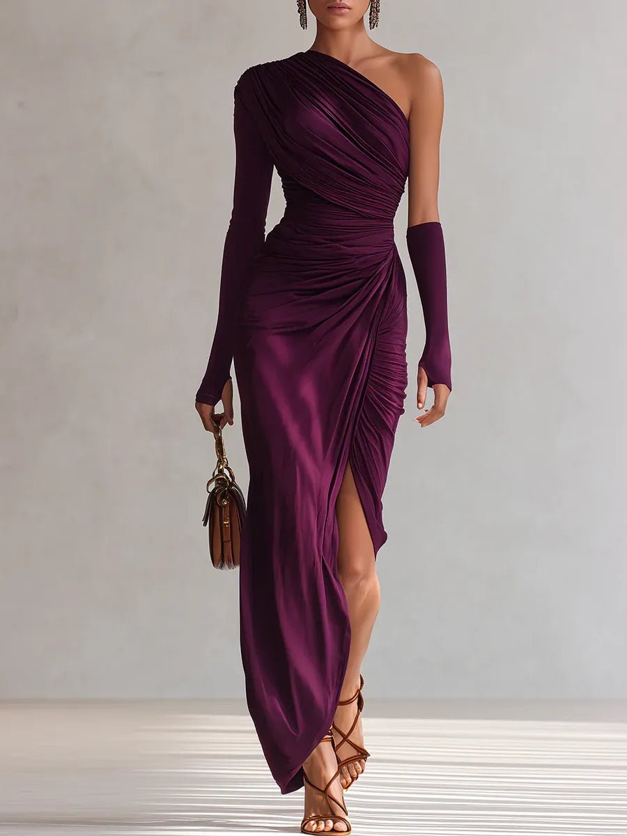 Women's One-Shoulder Ruched Slit Maxi Formal Dress