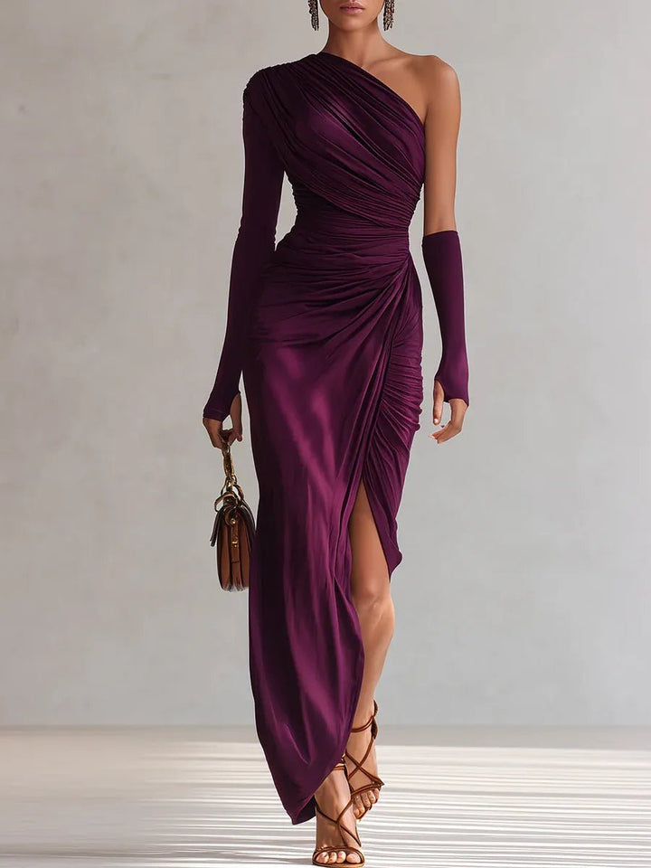 Women's One-Shoulder Ruched Slit Maxi Formal Dress
