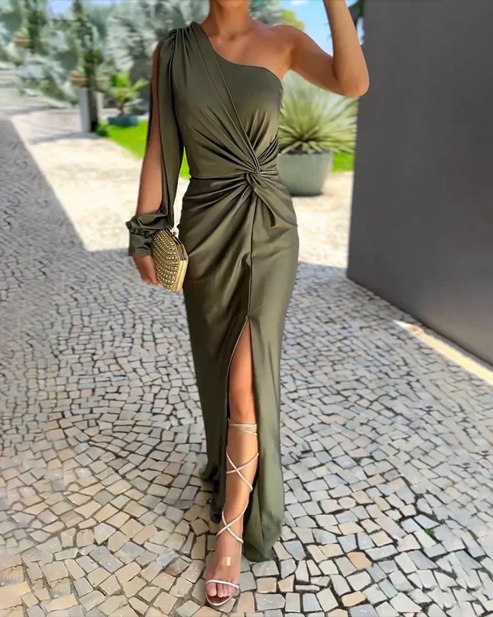 Women's One-Shoulder Ruched Slit Maxi Formal Dress