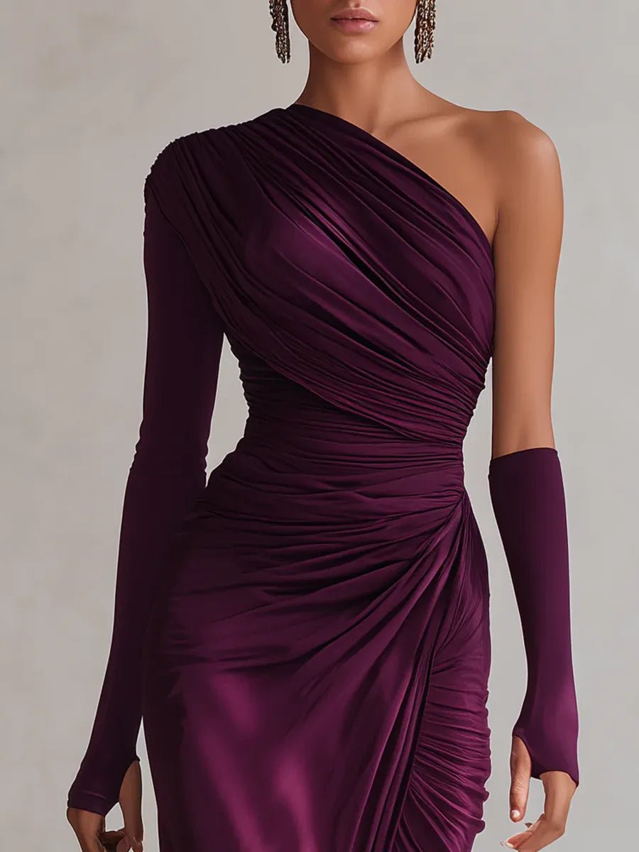 Women's One-Shoulder Ruched Slit Maxi Formal Dress