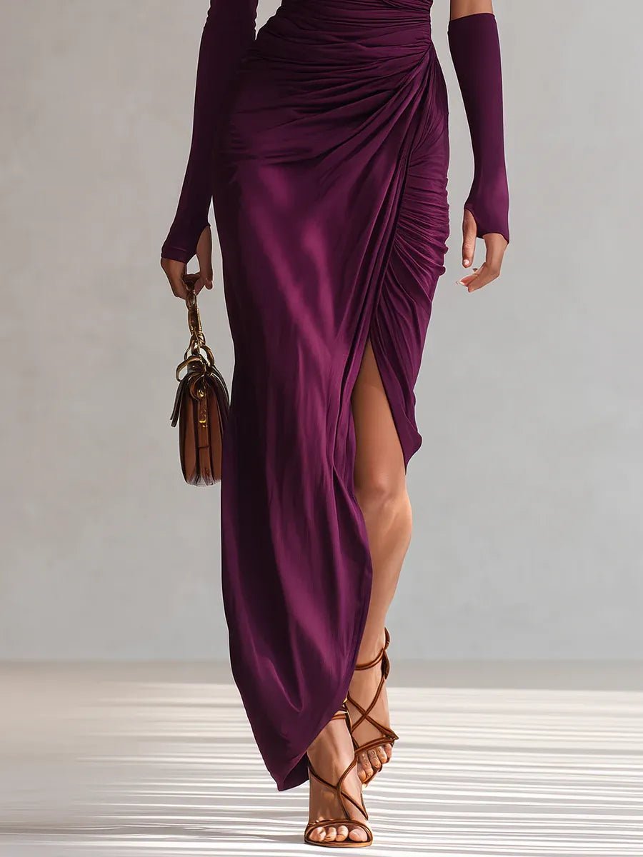 Women's One-Shoulder Ruched Slit Maxi Formal Dress