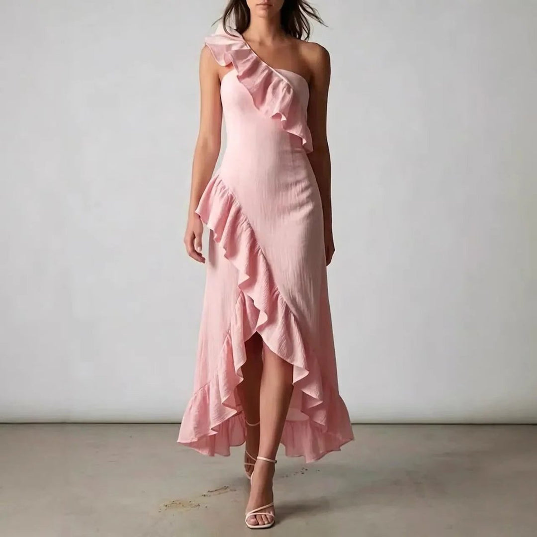 Women's One-Shoulder Ruffle Midi Formal Dress