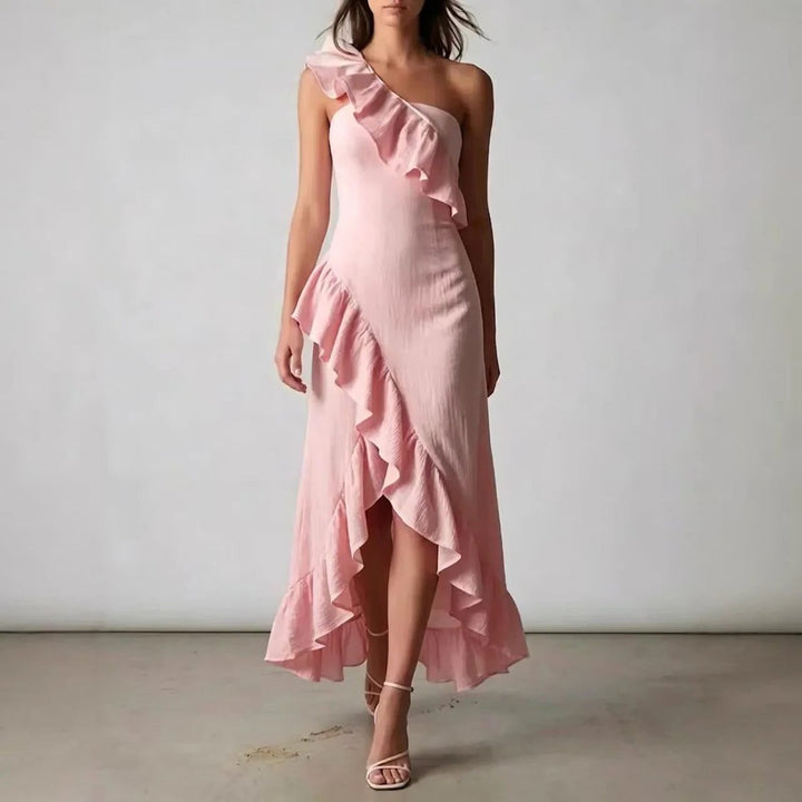 Women's One-Shoulder Ruffle Midi Formal Dress