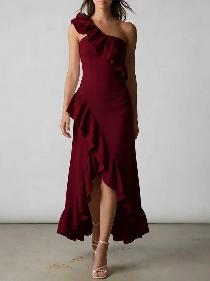 Women's One-Shoulder Ruffle Midi Formal Dress