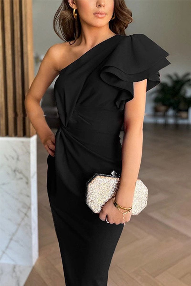 Women's One-Shoulder Ruffle Midi Formal Dress High Slit