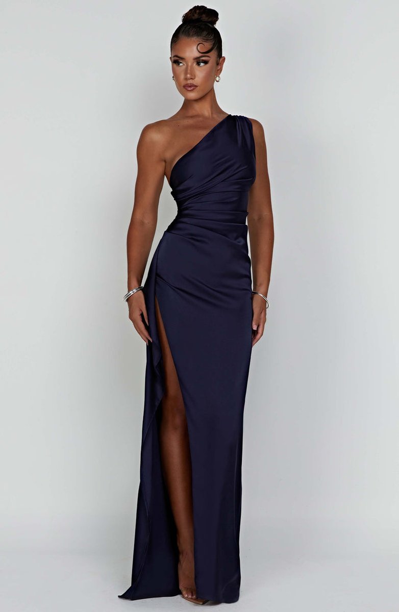 Women's One-Shoulder Satin Bodycon Maxi Formal Dress High Slit