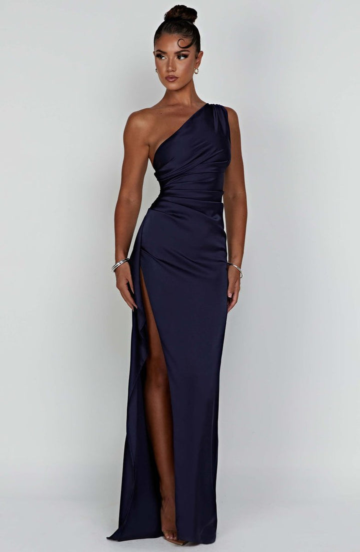 Women's One-Shoulder Satin Bodycon Maxi Formal Dress High Slit