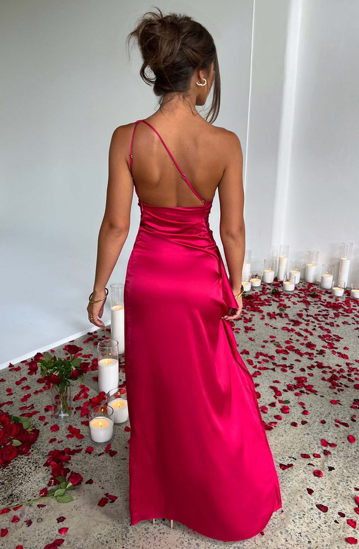 Women's One-Shoulder Satin Bodycon Maxi Formal Dress High Slit