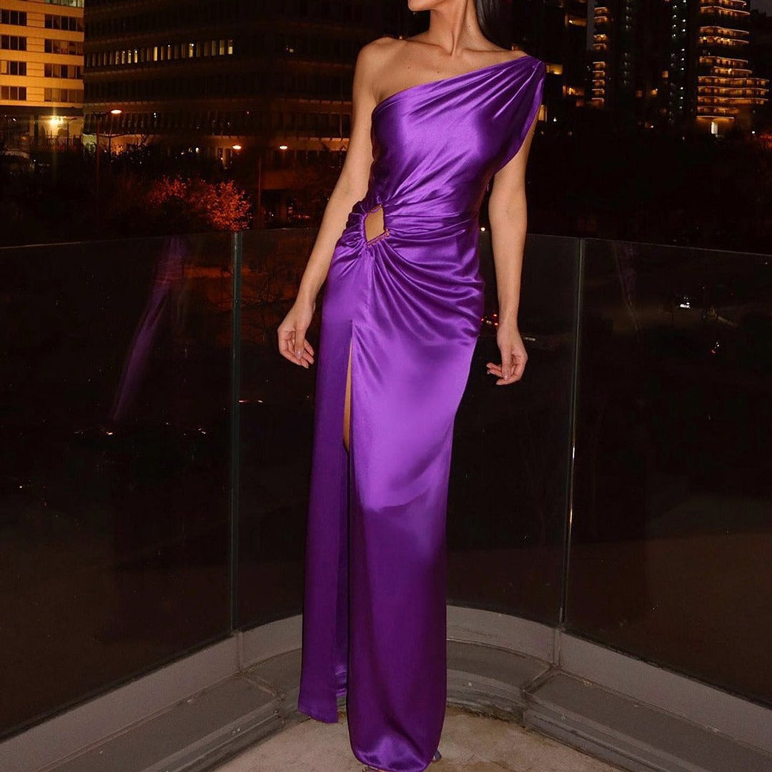 Women's One-Shoulder Satin Fall Midi Dress Cutout Side Slit