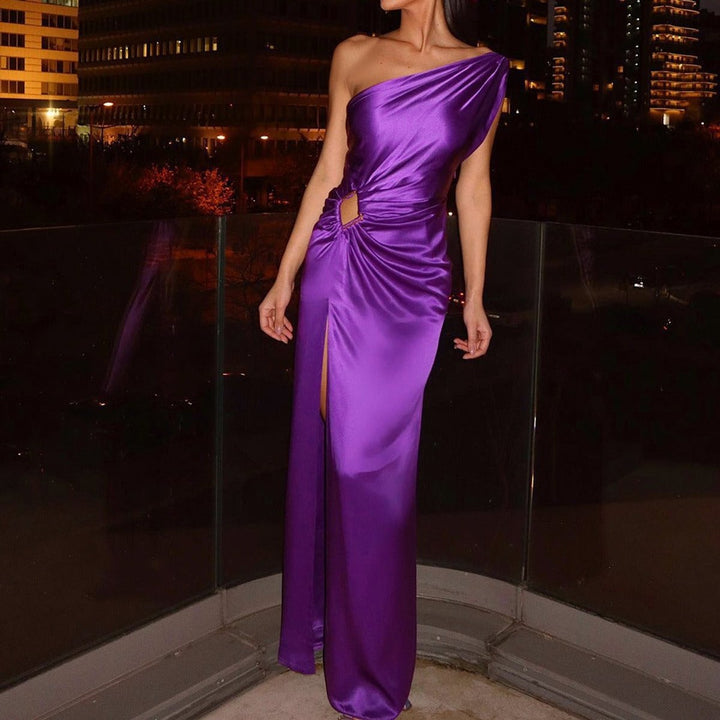 Women's One-Shoulder Satin Fall Midi Dress Cutout Side Slit