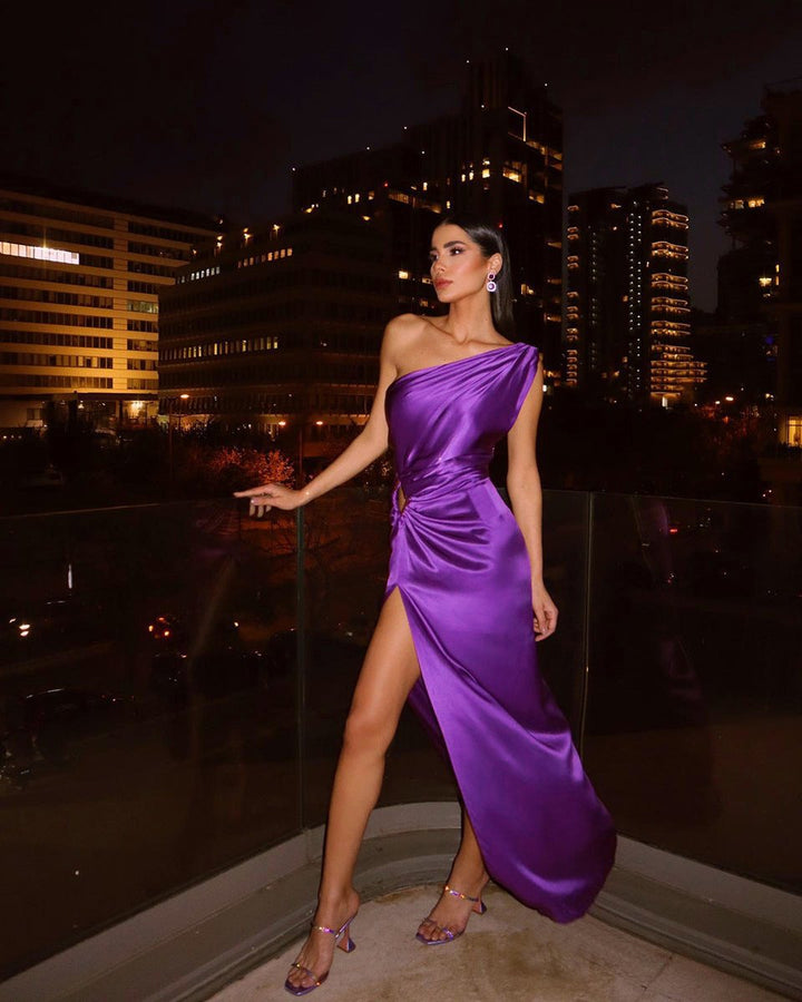 Women's One-Shoulder Satin Fall Midi Dress Cutout Side Slit