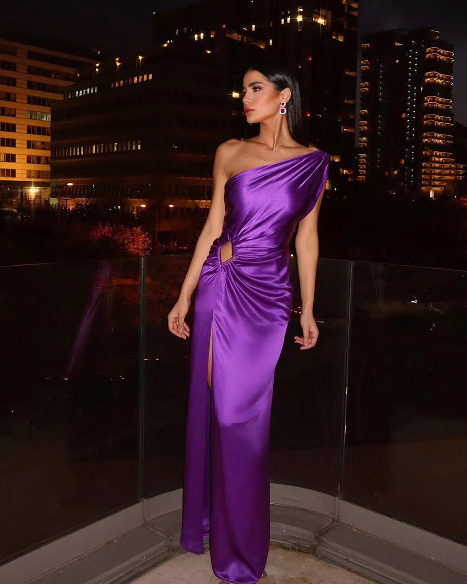Women's One-Shoulder Satin Fall Midi Dress Cutout Side Slit
