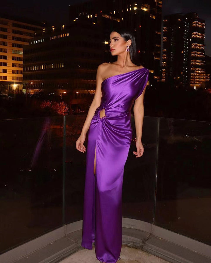 Women's One-Shoulder Satin Fall Midi Dress Cutout Side Slit