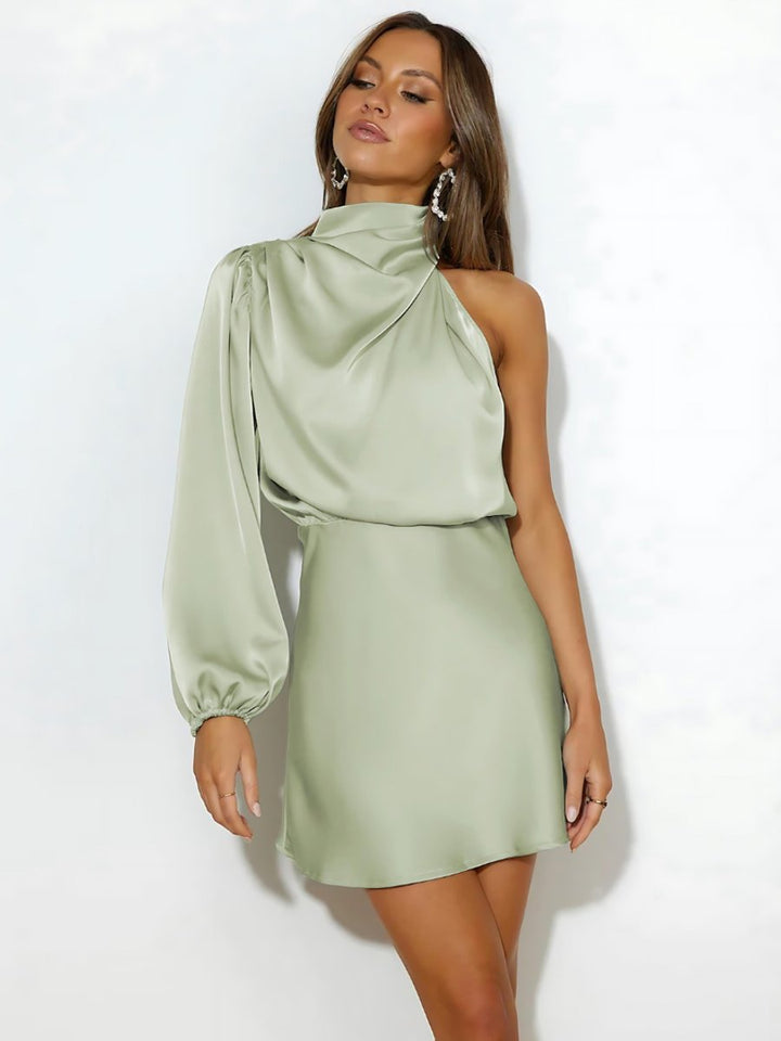 Women's One-Shoulder Satin Fall Wedding Guest Dress Single-Sleeve Mini