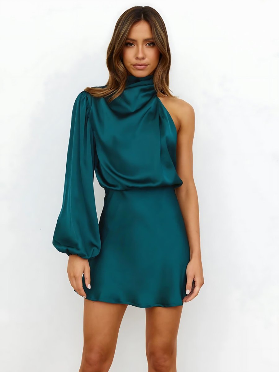 Women's One-Shoulder Satin Fall Wedding Guest Dress Single-Sleeve Mini