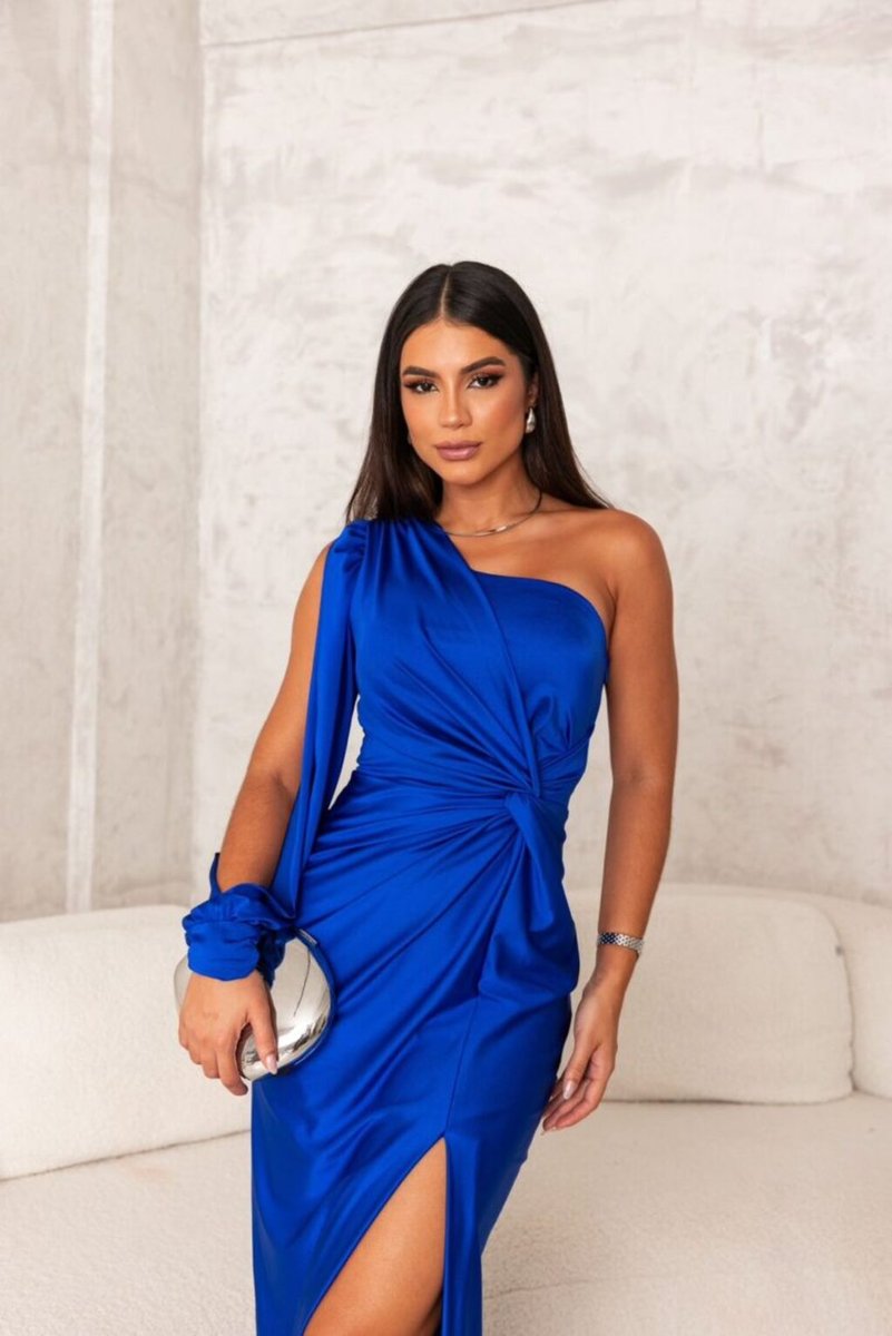 Women's One-Shoulder Satin Maxi Formal Dress High Slit