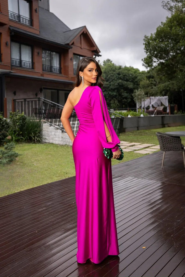 Women's One-Shoulder Satin Maxi Formal Dress High Slit