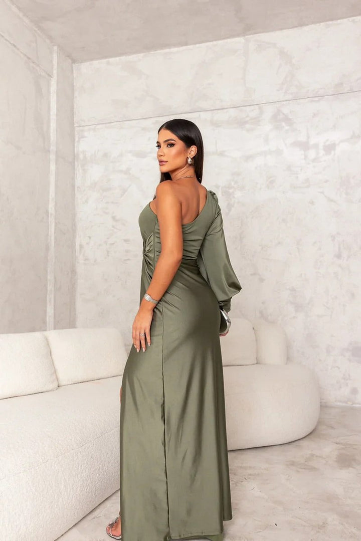 Women's One-Shoulder Satin Maxi Formal Dress High Slit