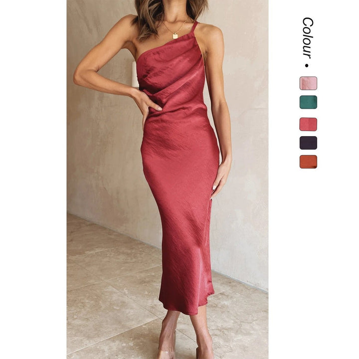Women's One-Shoulder Satin Midi Formal Dress Fitted Asymmetric