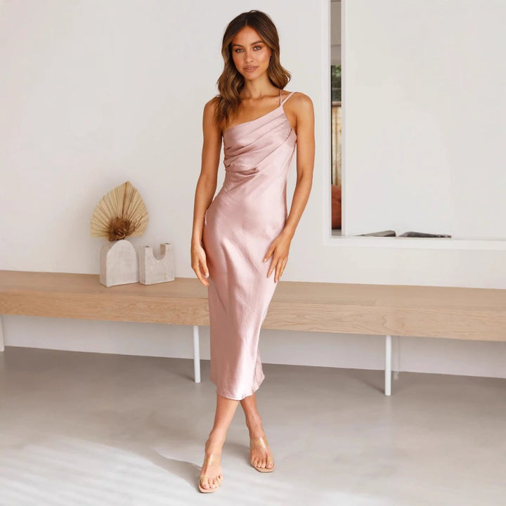 Women's One-Shoulder Satin Midi Formal Dress Fitted Asymmetric