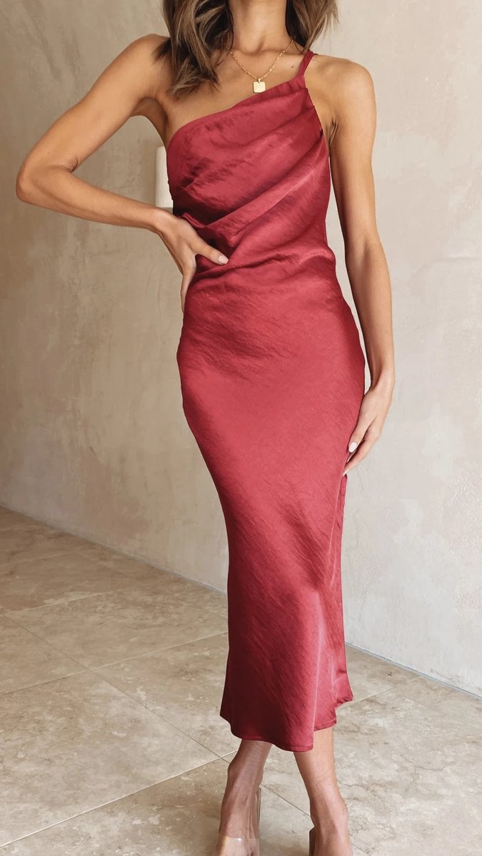 Women's One-Shoulder Satin Midi Formal Dress Fitted Asymmetric