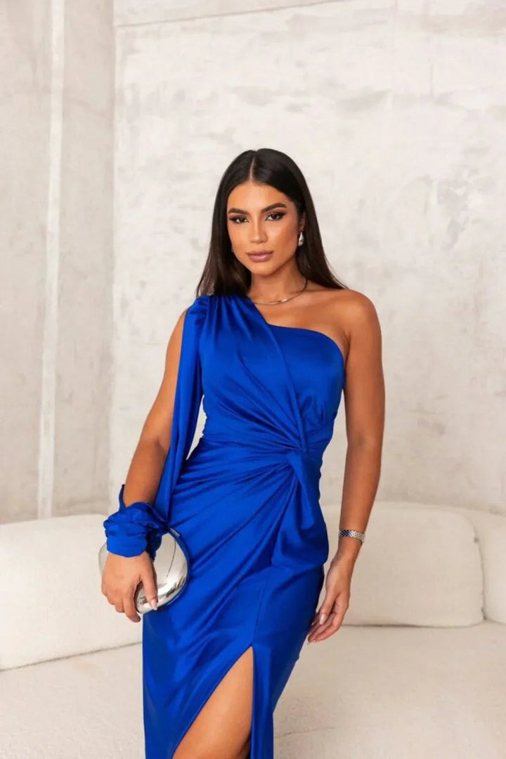 Women's One-Shoulder Satin Slit Maxi Formal Dress