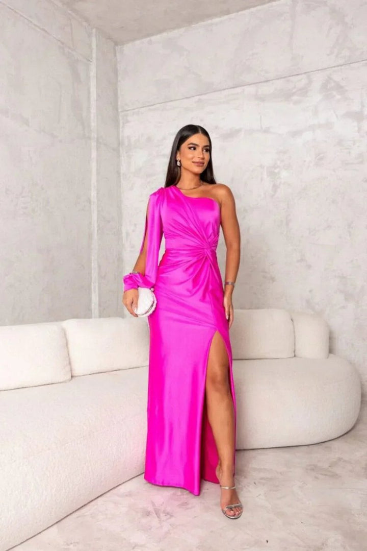 Women's One-Shoulder Satin Slit Maxi Formal Dress