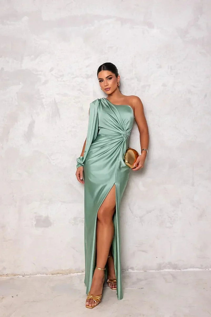 Women's One-Shoulder Satin Slit Maxi Formal Dress