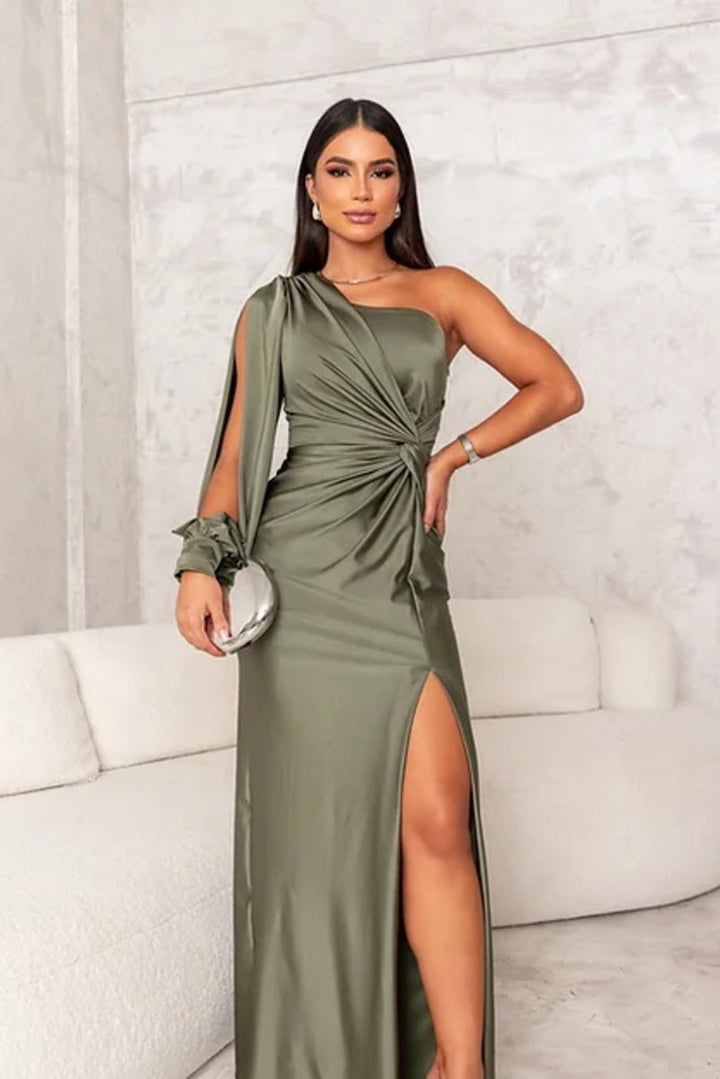 Women's One-Shoulder Satin Slit Maxi Formal Dress