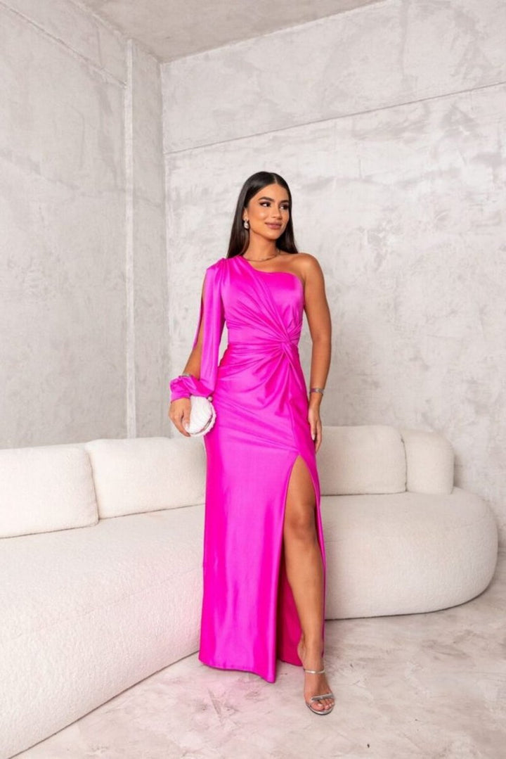 Women's One-Shoulder Satin Twist-Knot Maxi Formal Dress