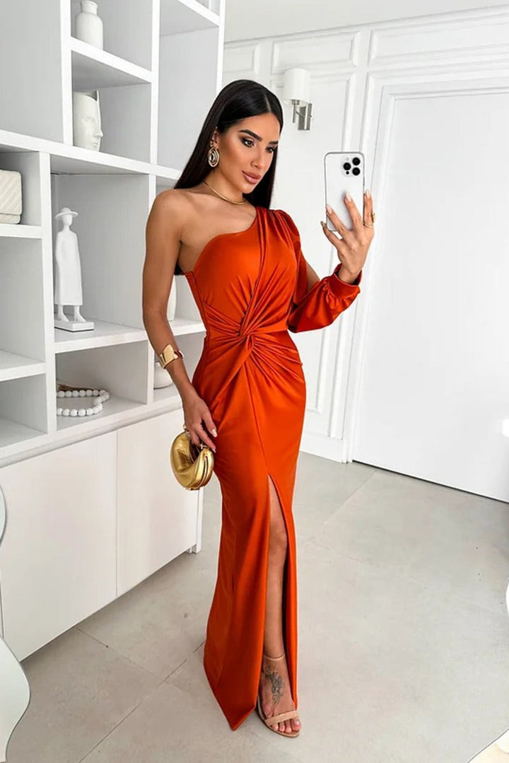 Women's One-Shoulder Satin Twist-Knot Maxi Formal Dress