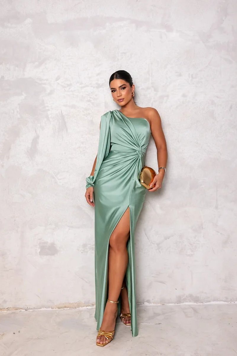 Women's One-Shoulder Satin Twist-Knot Maxi Formal Dress