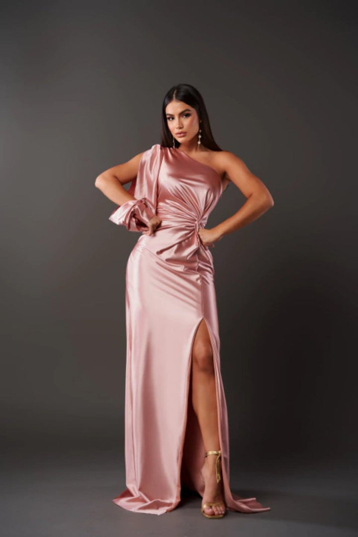 Women's One-Shoulder Satin Twist-Knot Maxi Formal Dress