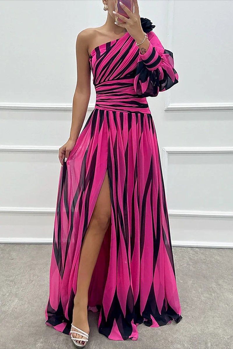 Women's One-Shoulder Striped Maxi Formal Dress Side Slit