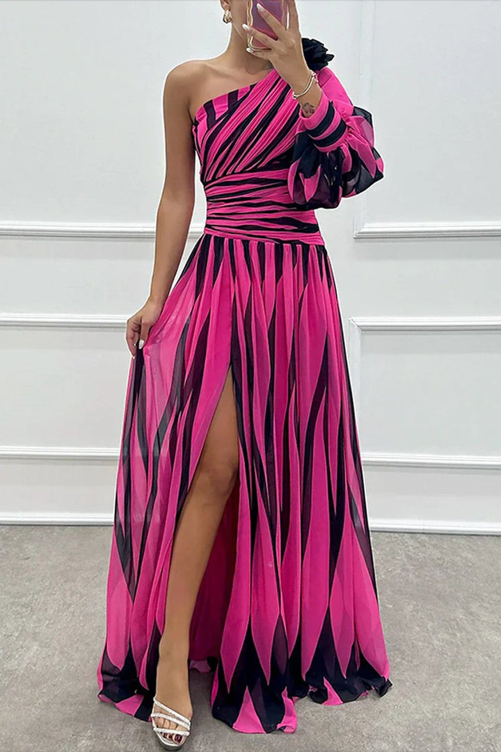 Women's One-Shoulder Striped Maxi Formal Dress Side Slit