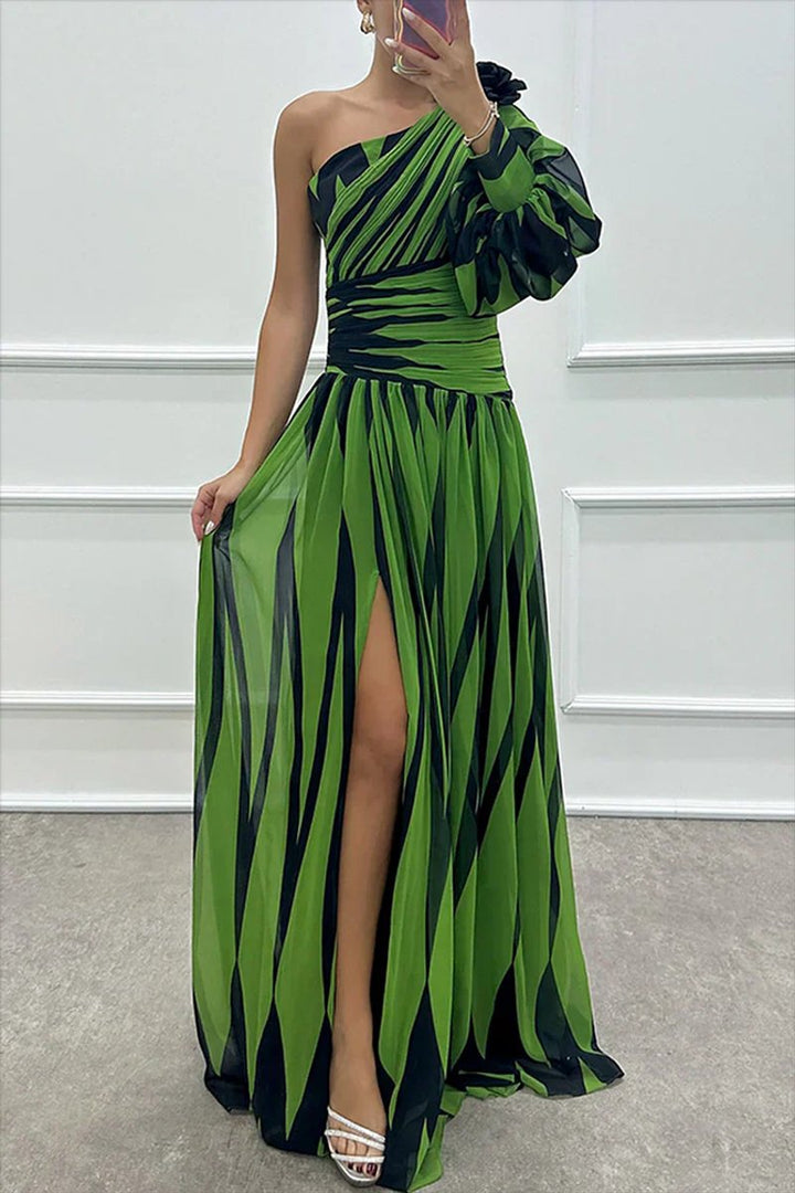 Women's One-Shoulder Striped Maxi Formal Dress Side Slit