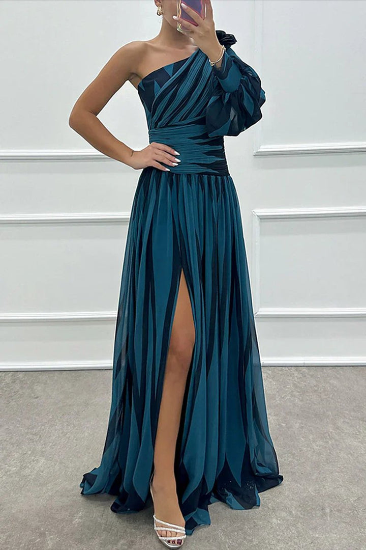 Women's One-Shoulder Striped Maxi Formal Dress Side Slit
