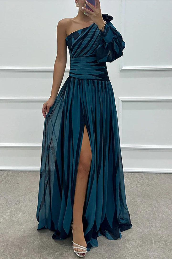 Women's One-Shoulder Striped Maxi Formal Dress Side Slit